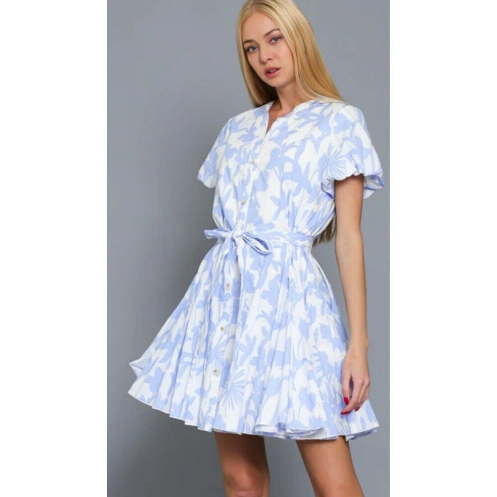 Aakaa Blue and White Floral Mini Dress